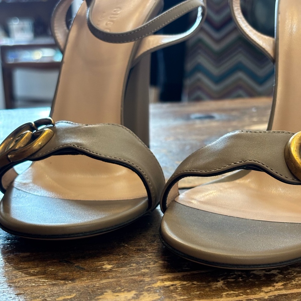 GUCCI Greige GG Marmont Stack Heel Sandal - Picture 13 of 14